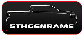 Silhouette of a pickup truck, 5thGenRams logo.