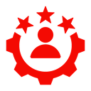 Red gear with person and three stars.