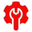 Red gear and wrench icon on black.
